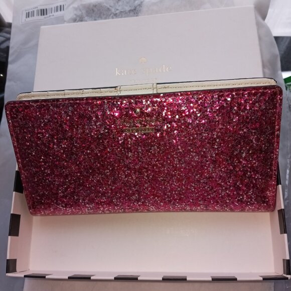 Kate Spade Madison Pink glitter Large Slim Bifold Wallet with box - Picture 2 of 15